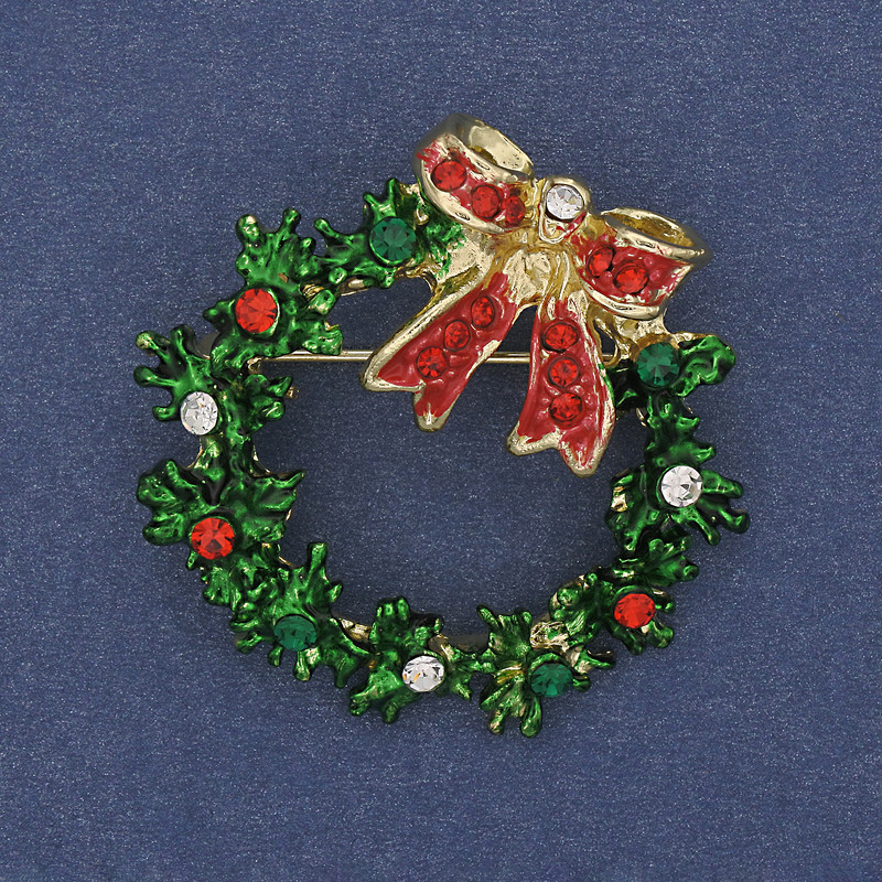 Brooch Pendant New Year's Wreath, Enamel, Crystals, Gold-Tone Metal, 36mm+