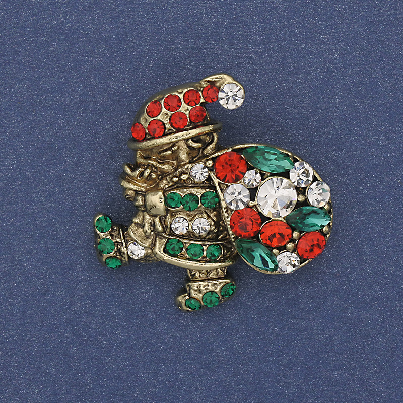 Брошка Новорічна Санта стрази золотистий метал 28х26мм +