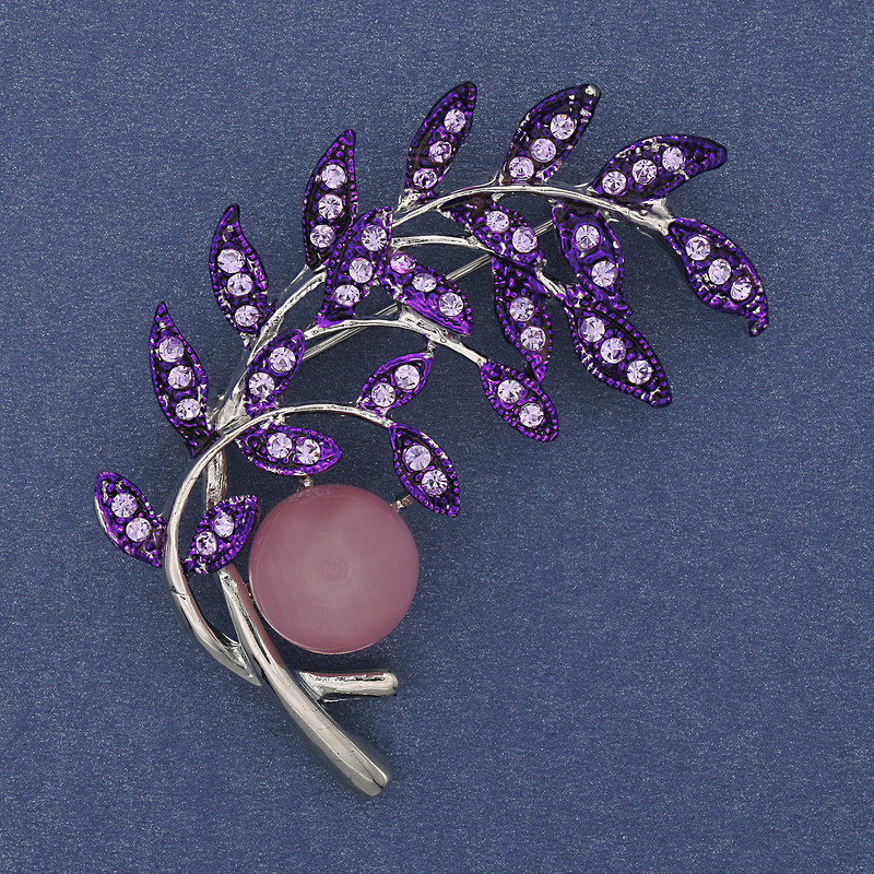 Brooch Twig Pink Cat's Eye Purple Crystals Silver-Tone Metal 54x46mm +