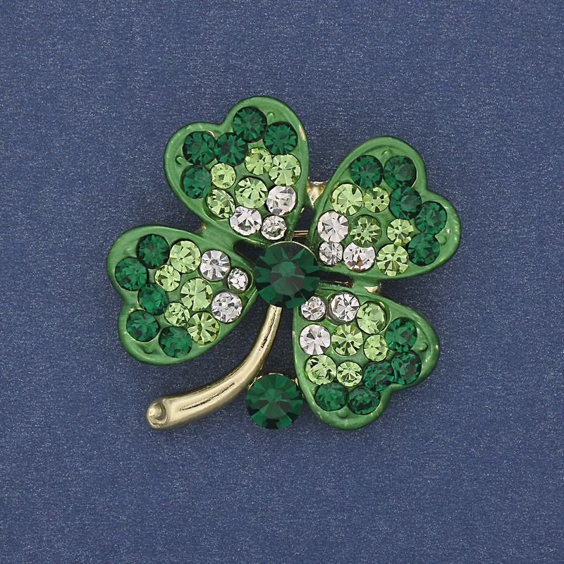 Shamrock Brooch Pendant with White and Green Crystals on Golden Metal, diameter 31x36mm +