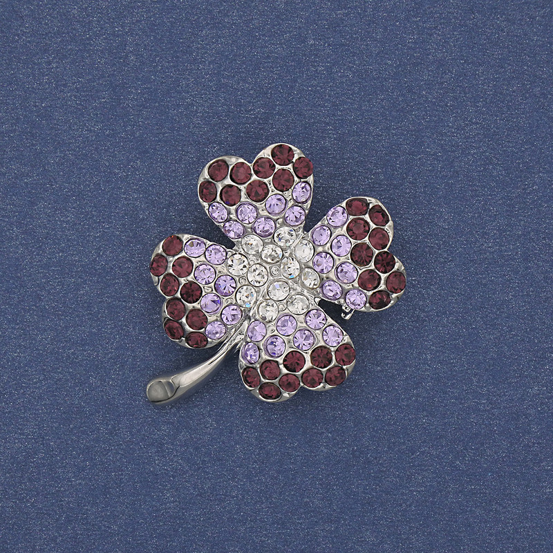 Shamrock brooch-pendant white and purple crystals silver-tone metal, diameter 28×24 mm +