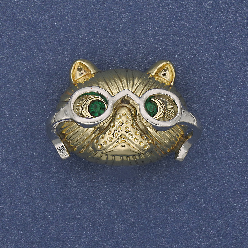 Brooch pendant 'Cat in Glasses' with green crystals, gold-tone metal, 29x21 mm+