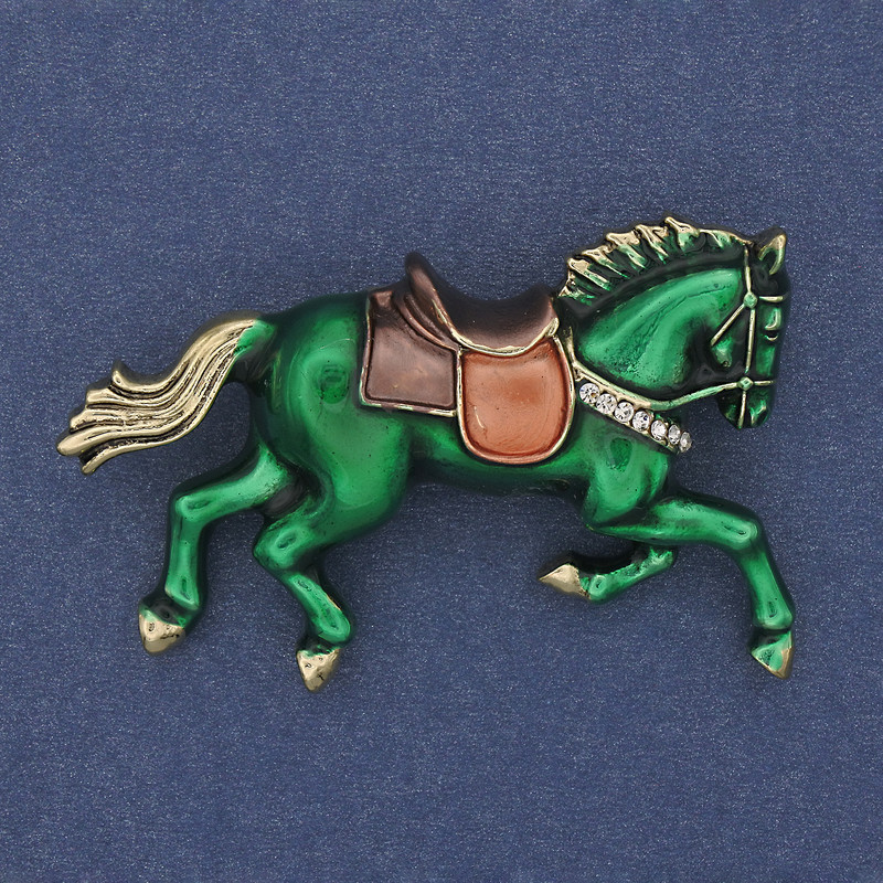 Brooch Horse green enamel white crystals gold-toned metal 50×32mm+