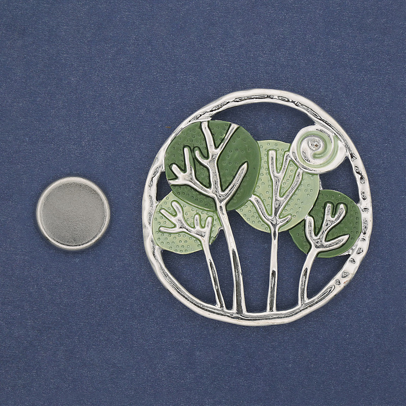 Magnetic Brooch 'Trees' enamel on silver-tone metal 50mm+