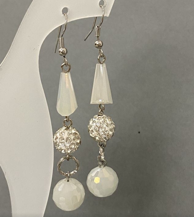 Earrings "Evening" white "Soft Lights" white matte with gasoline spray finish Czech crystal, length 7 cm