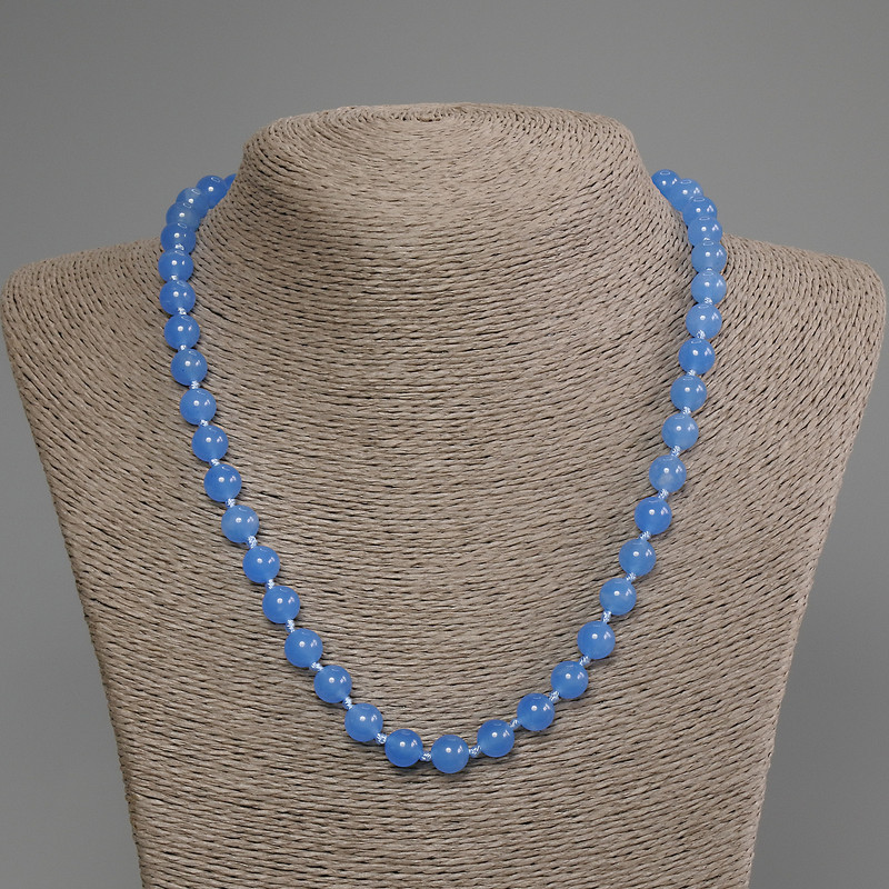 Blue Cat's Eye Necklace with Smooth Beads, 8 mm Diameter, 50 cm Length, with Clasp