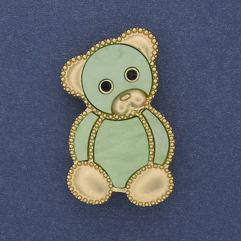 Teddy Bear Brooch Pendant Lime Pearlized Gold-Tone Metal 38×24 mm+
