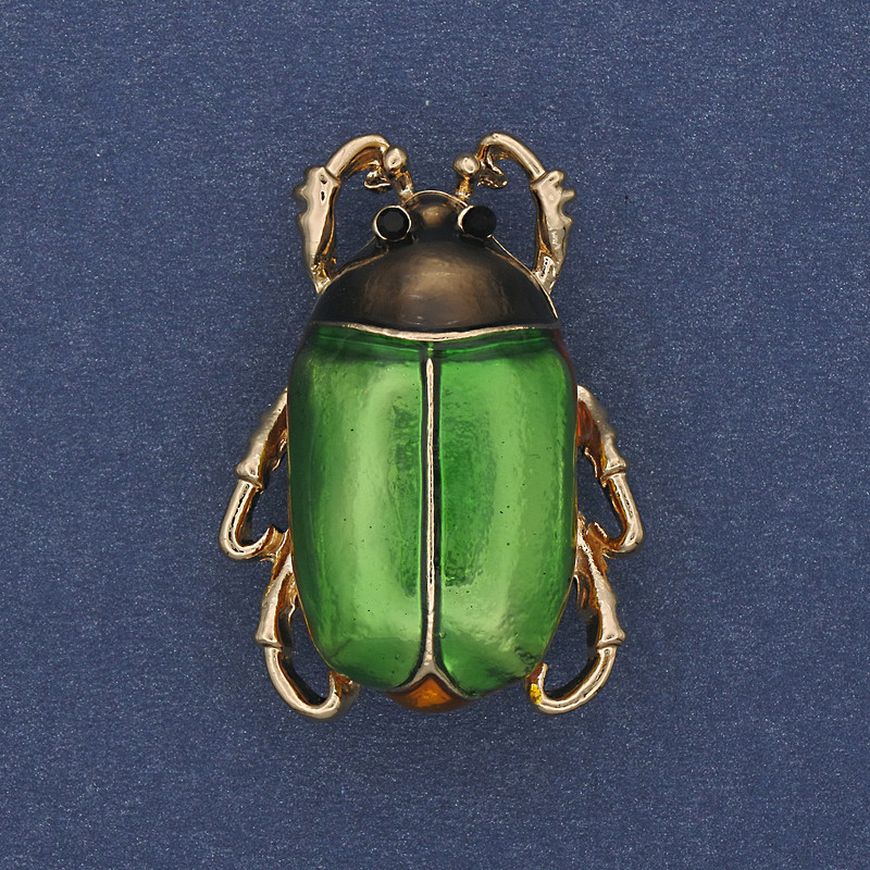 Beetle Brooch with Green Enamel and Black Crystals 23×31mm
