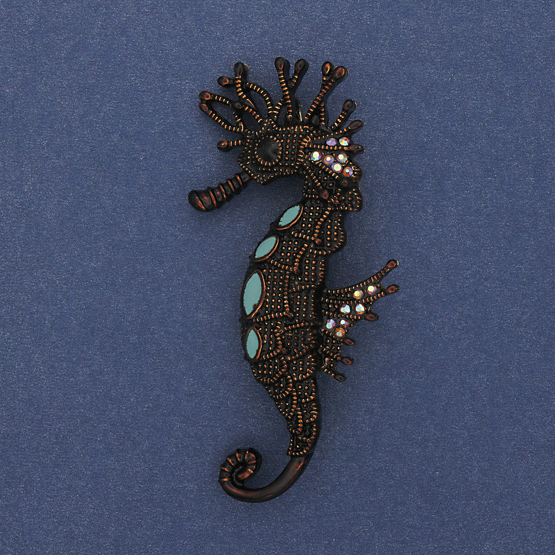 Brooch pendant 'Seahorse' with colorful rhinestones, brown enamel, gold-tone metal, 63x31mm+