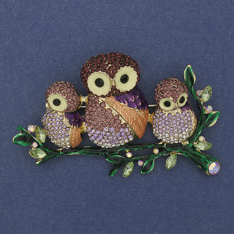 Owl Brooch with Purple and Green Crystals, Color Enamel, Gold-Tone Metal, 43x73 mm+