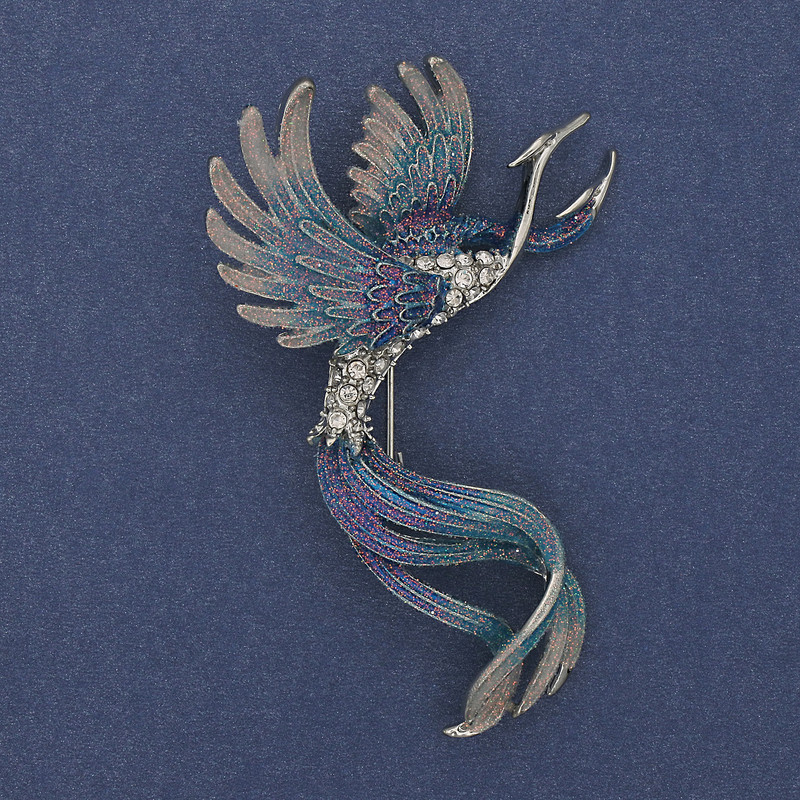 Bird Brooch with Blue and Gray Enamel, Crystals, Silver-Tone Metal 43×67 mm +