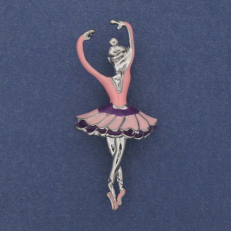 Brooch-pendant 'Ballerina' pink enamel silver-tone metal 25x57mm+