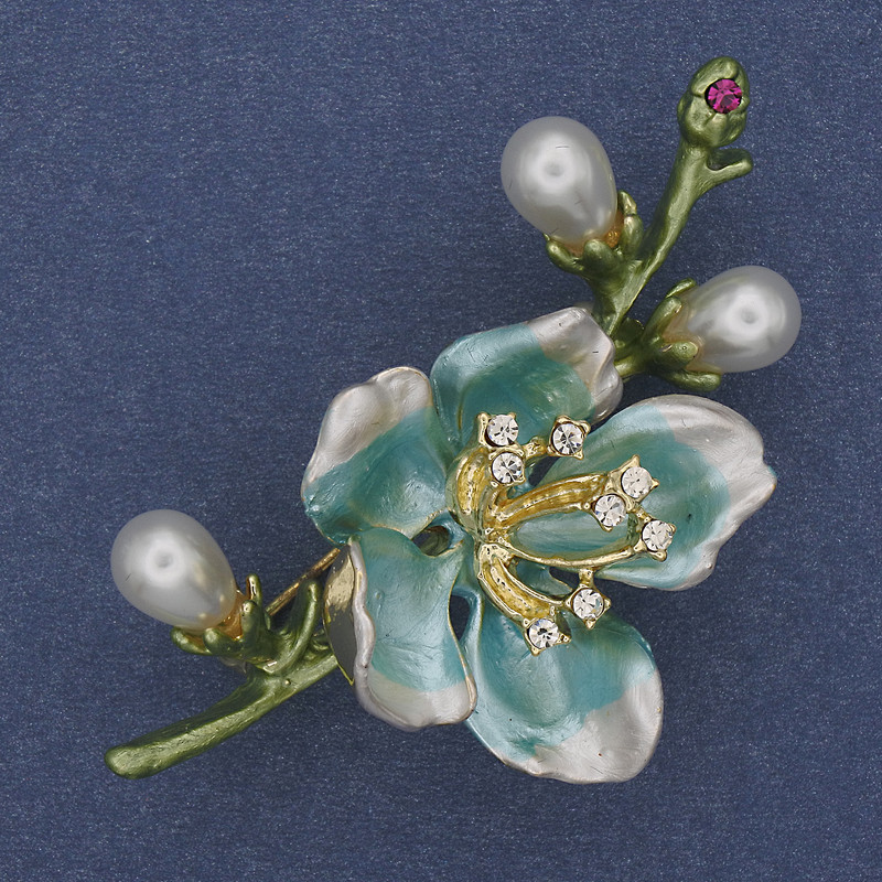 Blue and Green Enamel Brooch, Pearls and Crystals, Gold-Tone Metal 28x55mm+