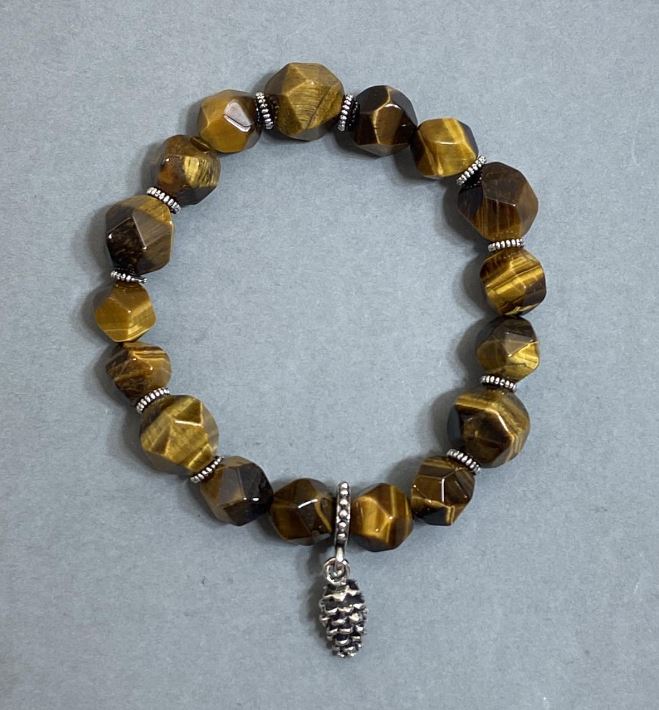 Tiger's Eye Bracelet with Faceted Beads 9×8 mm ± 12×10 mm ± with Metal Inserts, length 18 mm ± Stretch
