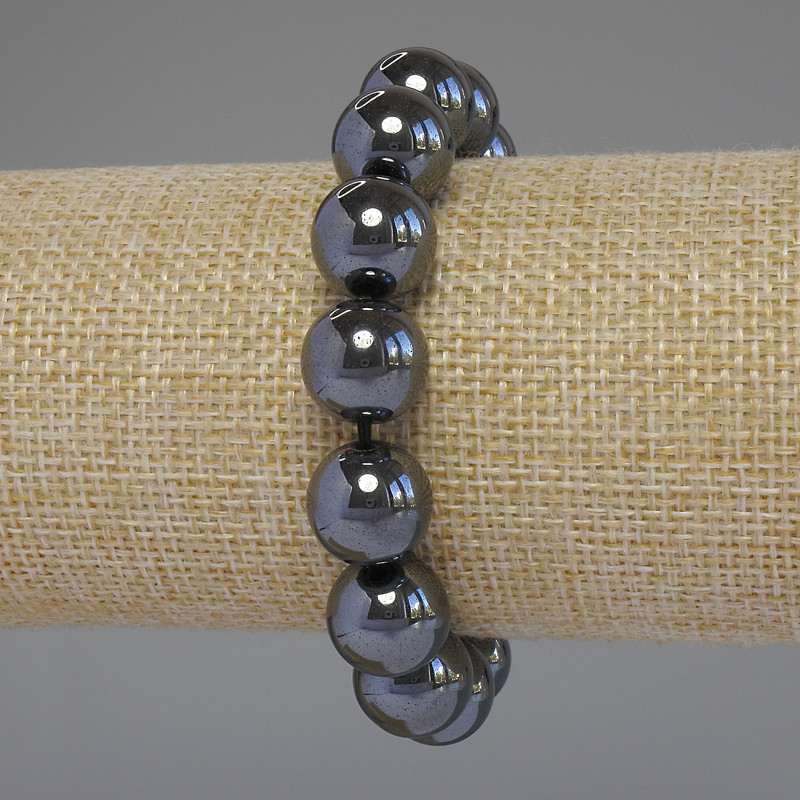 Hematite bracelet with smooth beads, 12 mm diameter, 18 cm length, stretch