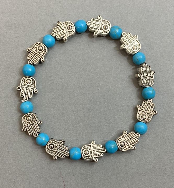 Turquoise bead bracelet 6mm± with Palm inlay, 18 cm circumference, on an elastic cord