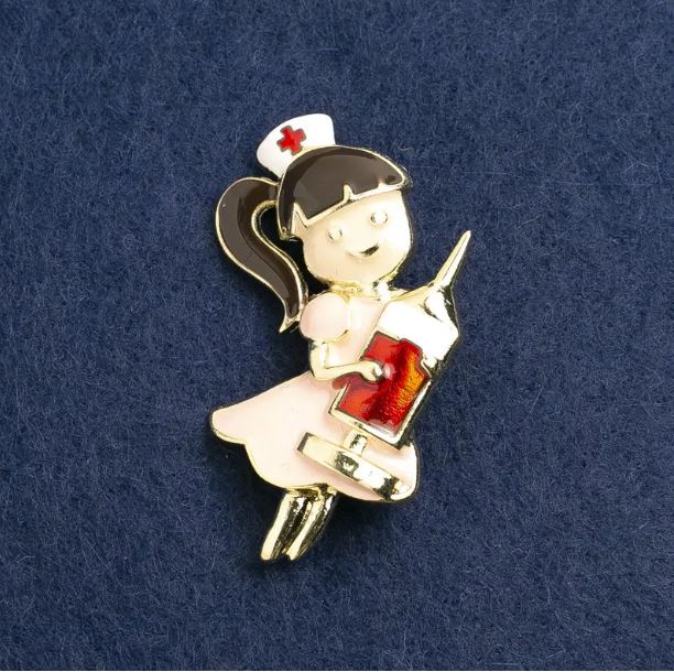 Nurse Brooch with Pink and Red Enamel, Gold Metal 44x25 mm