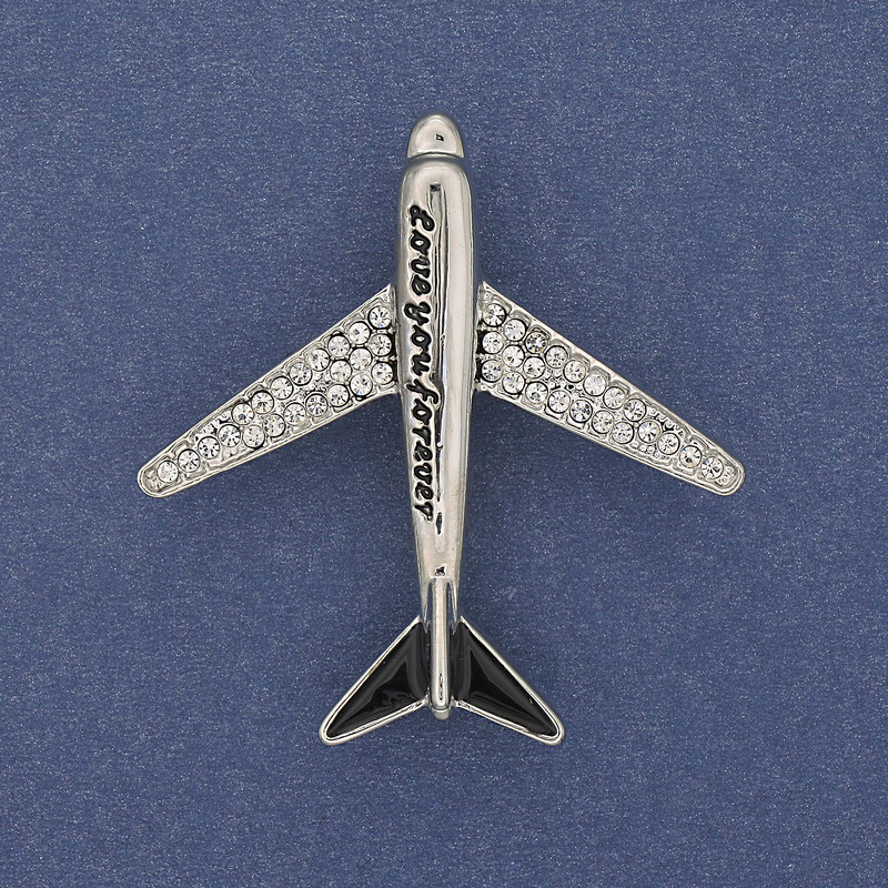 Brooch Plane with White Crystals in Silver-Colored Metal 43x40mm+