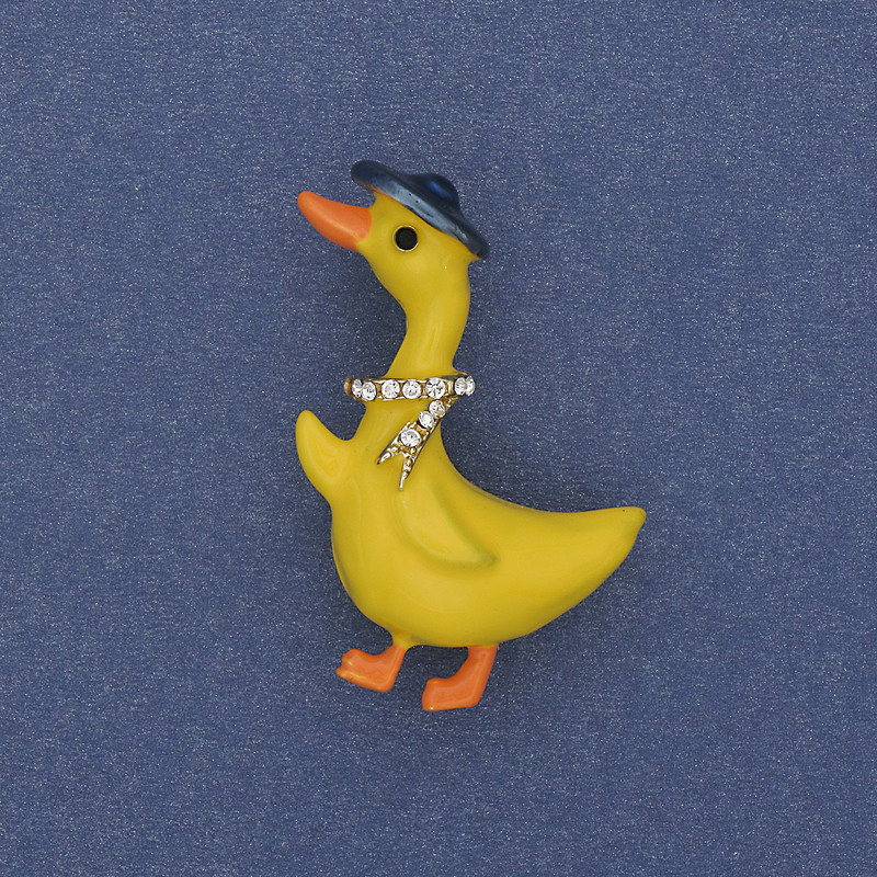 Goose Brooch with Colorful Enamel, White Rhinestones, Gold-Tone Metal, 40×23 mm