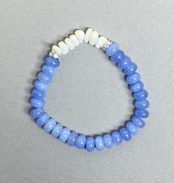 Bracelet Aquamarine Rondelle 8×4.5mm and Mother-of-Pearl Faceted 8×4mm, Length 18 cm Stretch