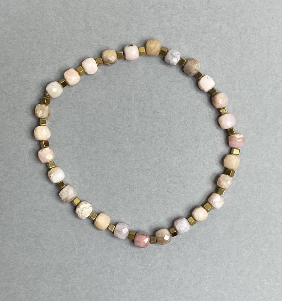 Bracelet Pink Opal Faceted Cube 5mm; Hematite Cube 2x2mm; Length 18 cm Stretch