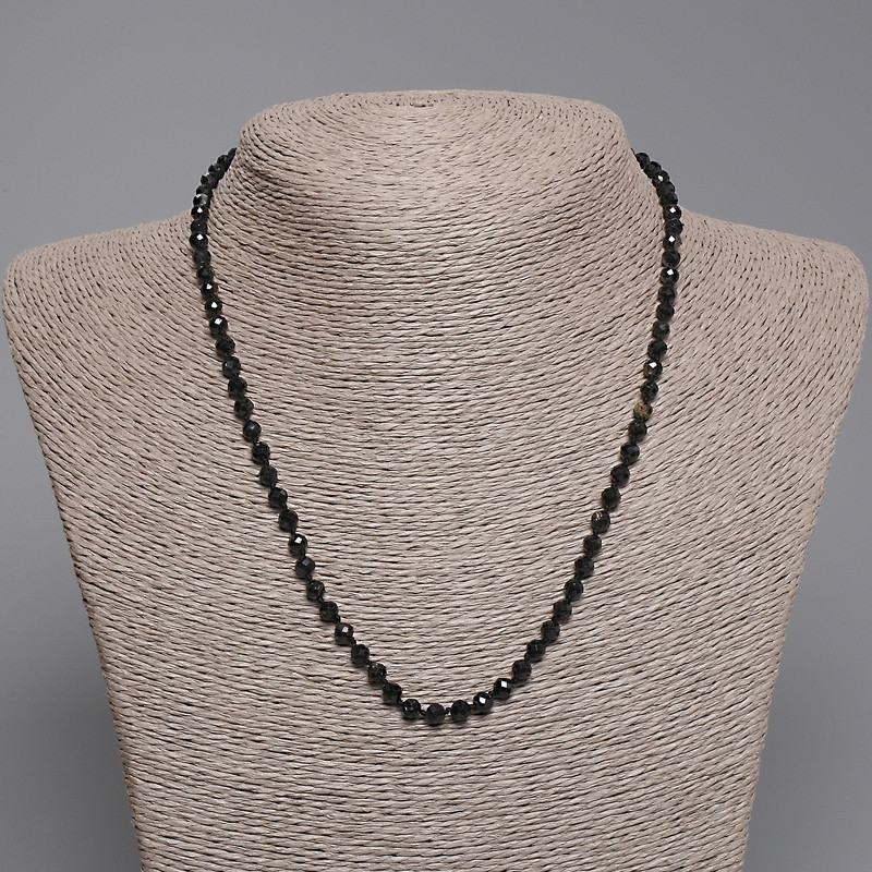 Black Tourmaline Necklace with Faceted Beads, 4 mm Diameter, 45 cm Length, with a clasp