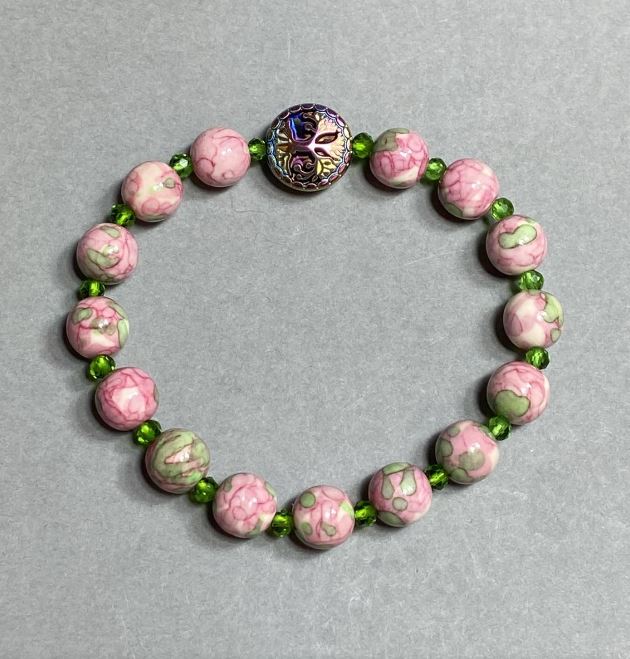 Bracelet with variscite (artificial) 8 mm beads, Czech crystal rondelle 4×3 mm, hematite 12 mm, 18 cm stretch