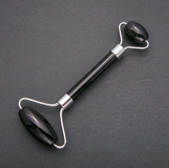 Double-sided Black Agate Stone Massager, 14.5 cm, silver metal