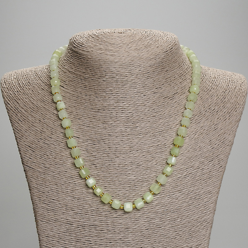 Peridot Olivine Necklace with Faceted Cube Beads, diameter approximately 6.5 mm, 3 mm beads, length approximately 45 cm with clasp