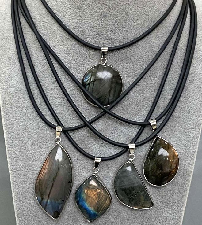 Labradorite Pendant in Bezel Setting, Assorted Dimensions 30x52x10–44x25x8 mm, on Cord, Length 50 cm ± 5 cm