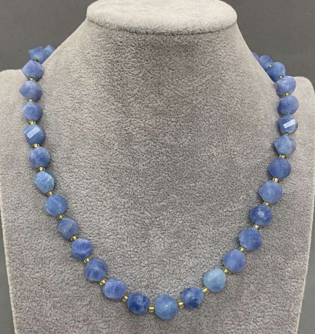 Aquamarine Necklace with Faceted Diamond-Shaped Beads, 9x8 mm, 45 cm length ± with clasp