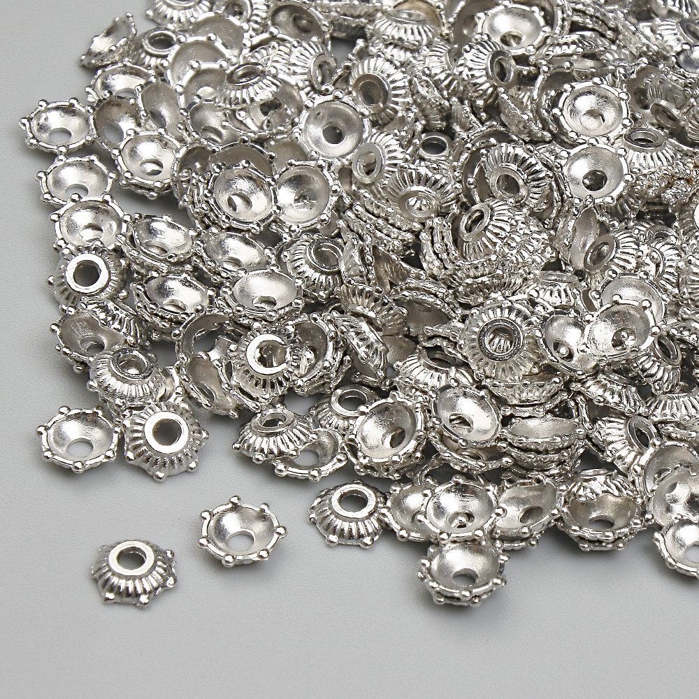 Bead caps for beads, 5 mm diameter, hole diameter ~1.8 mm, silver-colored metal, pack 20 g +/- (~295 pcs)