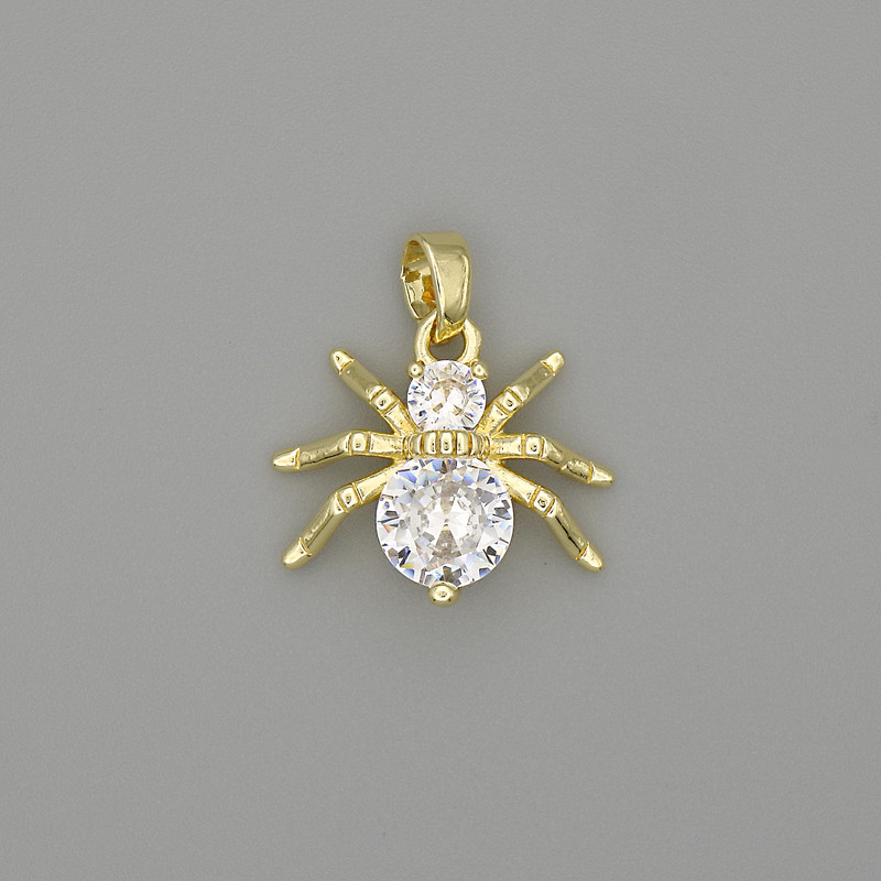 Spider Pendant, gold-tone metal with white crystals, diameter 19mm+