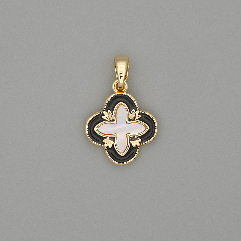 Clover pendant with mother-of-pearl and white crystals, gold-tone metal, diameter 21x13 mm
