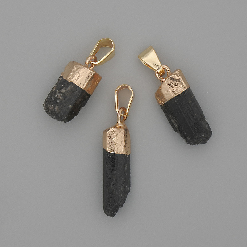 Sherl Tourmaline Pendant, Unpolished Stone, Golden Metal, 21-25 x 7.5 x 10 mm +/- Assorted Size