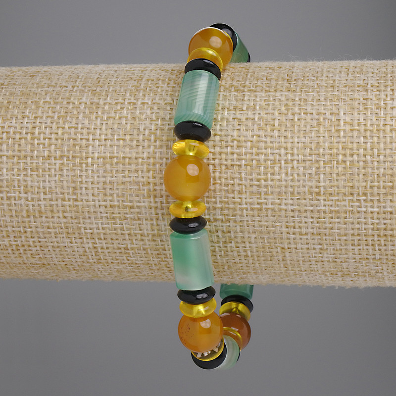 Agate Bracelet with Cylindrical, Rondelle and Ball Beads — 12x8 mm, 8x3 mm, and 10 mm; Length 18 cm; Stretch