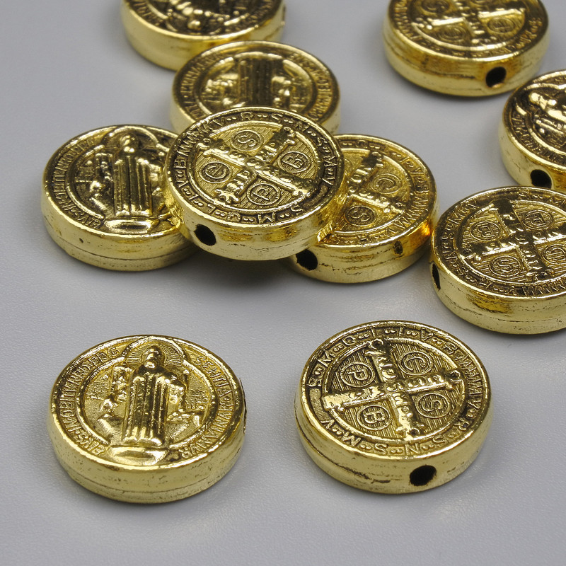 Bead insert 'St. Benedict' in gold-tone metal, 12 mm diameter, 1.6 mm hole, packaging 20 g (~10 pcs)