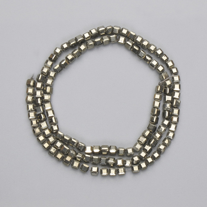 Pyrite Beads, Faceted Cube, 3x3 mm diameter ± on Thread, 39 cm Length