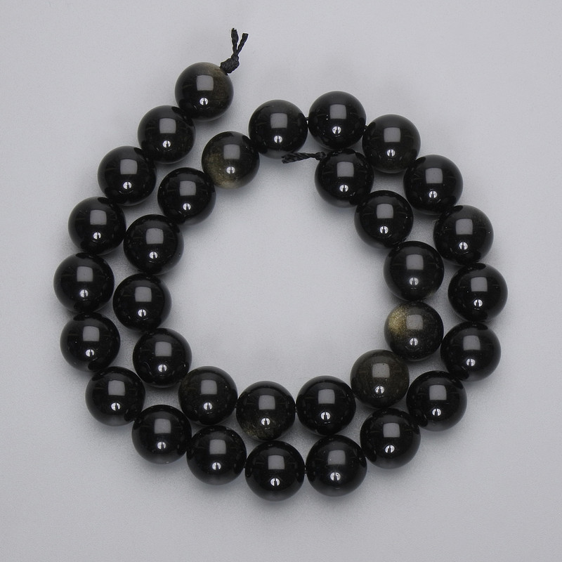 Sun Obsidian Beads, Smooth Round Beads, 12mm Diameter, on Thread, 38 cm Length