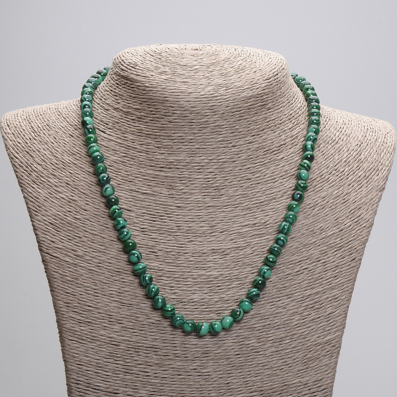 Malachite necklace with smooth round beads, 6mm diameter, 45cm length, with clasp