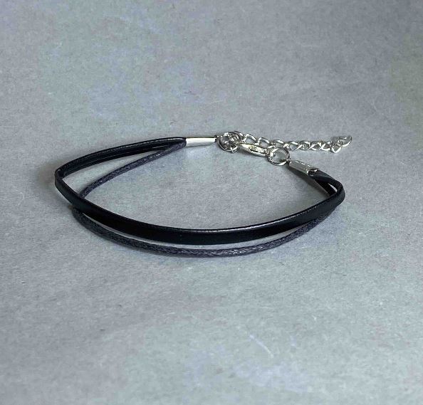 Black Eco-leather Bracelet, black color, 18 cm length + 5 cm extender chain