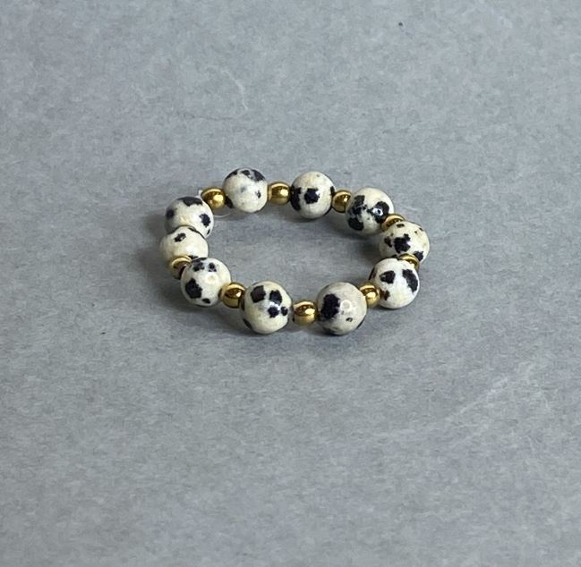 Dalmatian Jasper Bead Ring, smooth bead, 4mm diameter ±, Hematite bead 2mm ±, stretch cord