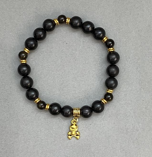 Bracelet with Shungite Beads (8mm) and Silver Obsidian Bead (6mm) with Metal Inlays, 18 cm, Elastic