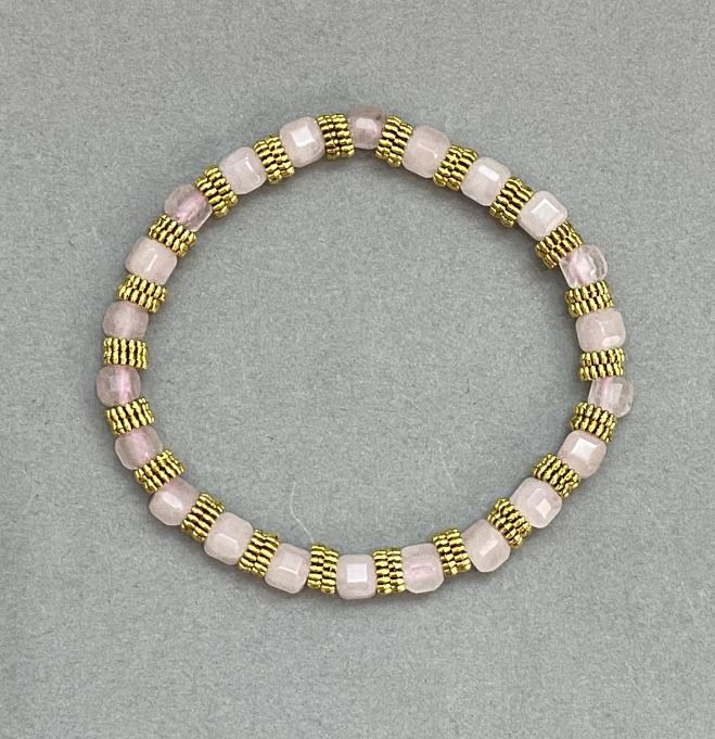 Bracelet Pink Quartz Faceted Cube 5mm +/- with Metal Inserts, 18cm Long +/- Stretch