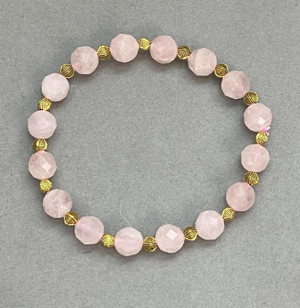 Pink Quartz Bracelet with Faceted Beads, 8mm Diameter, 18 cm Stretch