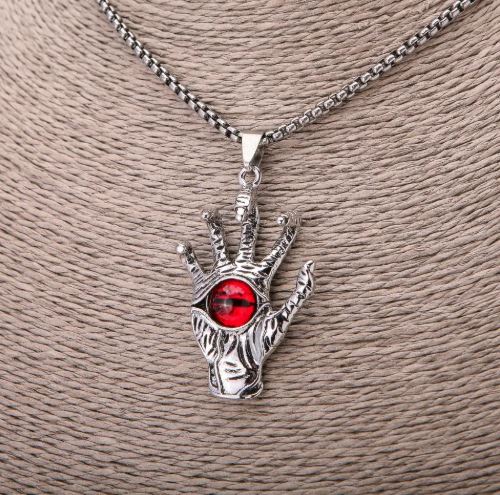 Pendant 'Dragon's Paw' with Red Dragon Eye 30 x 50 mm on a chain, chain length 65 cm, silver metal color
