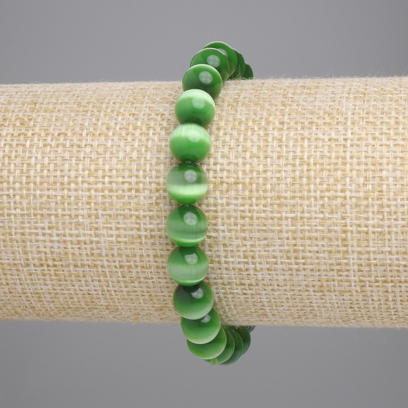 Green cat's eye bracelet with smooth beads, 8 mm diameter, 18 cm length, stretch
