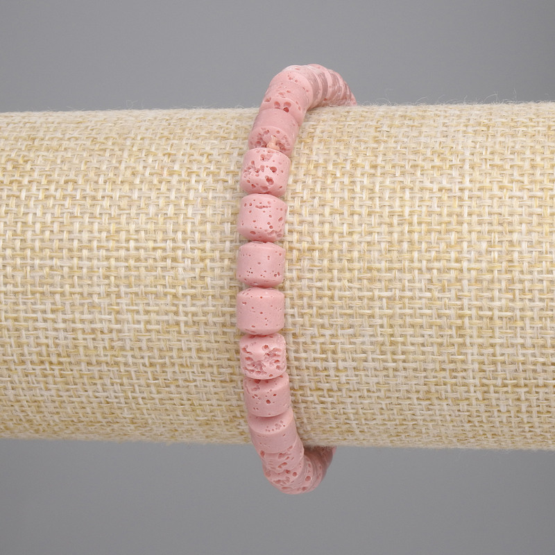 Pink Volcanic Lava Bracelet with Cylindrical Beads, 6x6 mm, 18 cm Stretch