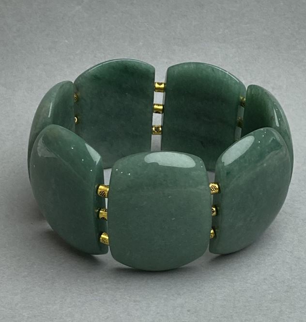 Nephrite link bracelet 39×28 mm +/- with metal inlays, length 18 cm +/- stretch
