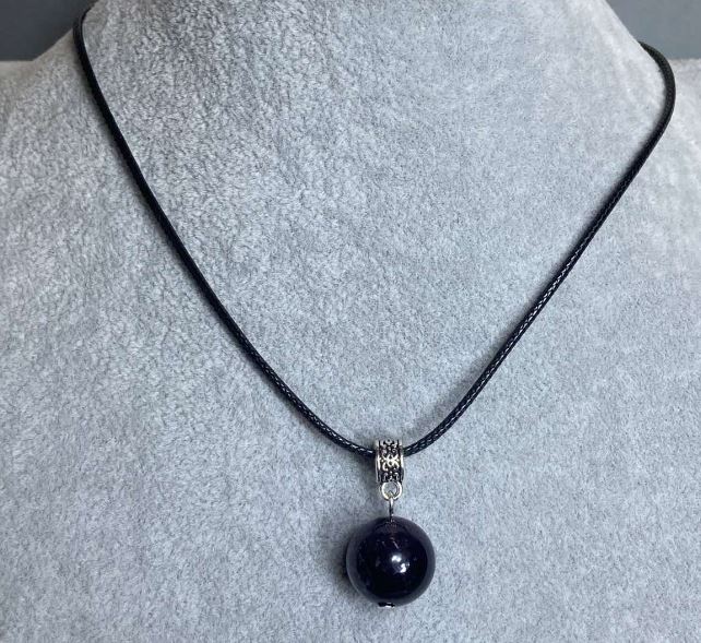 Amethyst Bead Pendant, Ball-Shaped, 14 mm Diameter, On Cord, 60 cm Length + 5 cm Chain